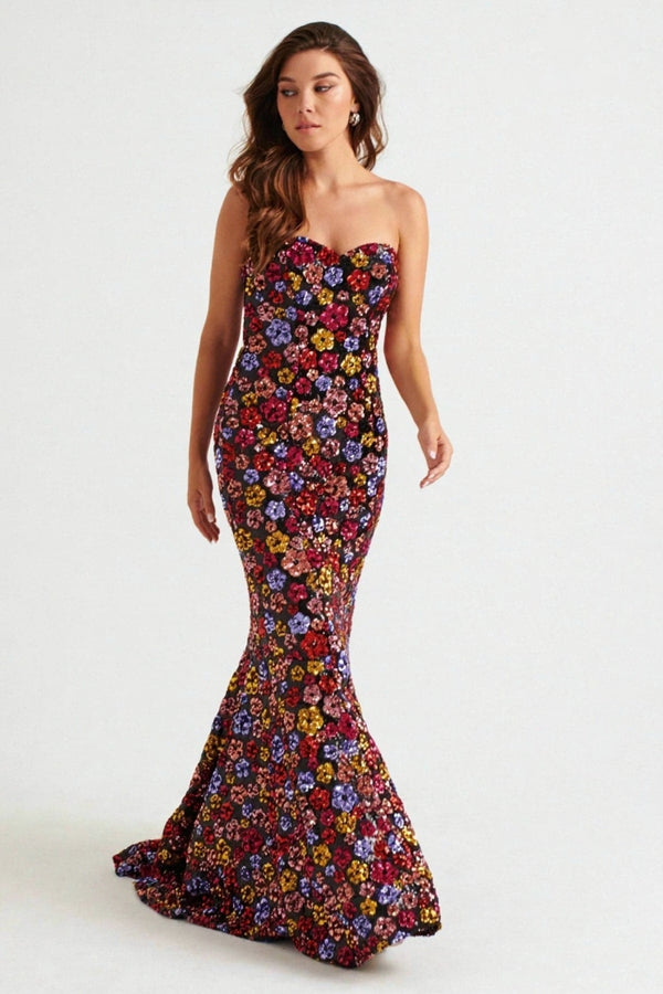 Faviana 11036 Sequin Long Formal Floral Mermaid Prom Dress
