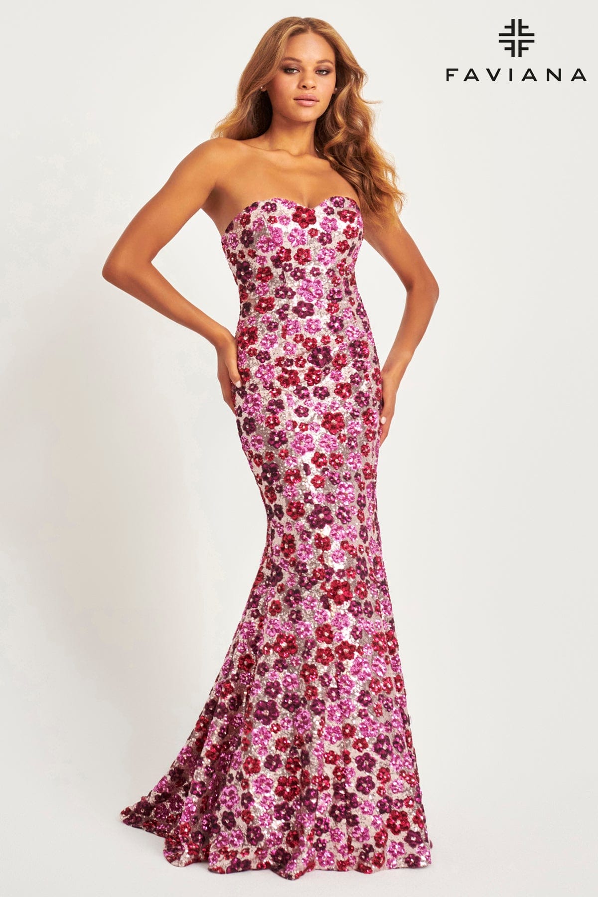 Black Multi Faviana 11036 Sequin Long Formal Floral Mermaid Prom Dress