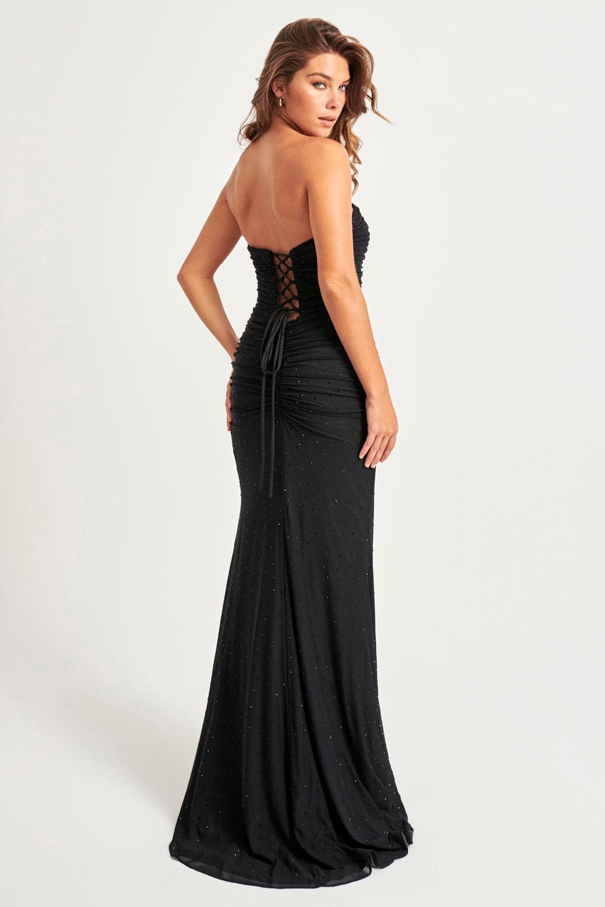 Prom Dresses Long Prom Fitted Ruched Formal Beaded Dress Black