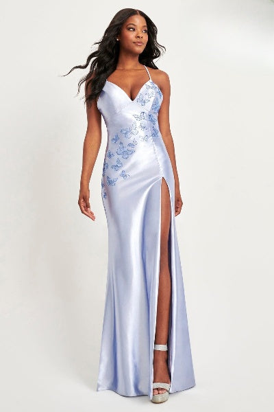 Prom Dresses Long Slit Formal Prom Lace Beaded Dress Shimmer Periwinkle