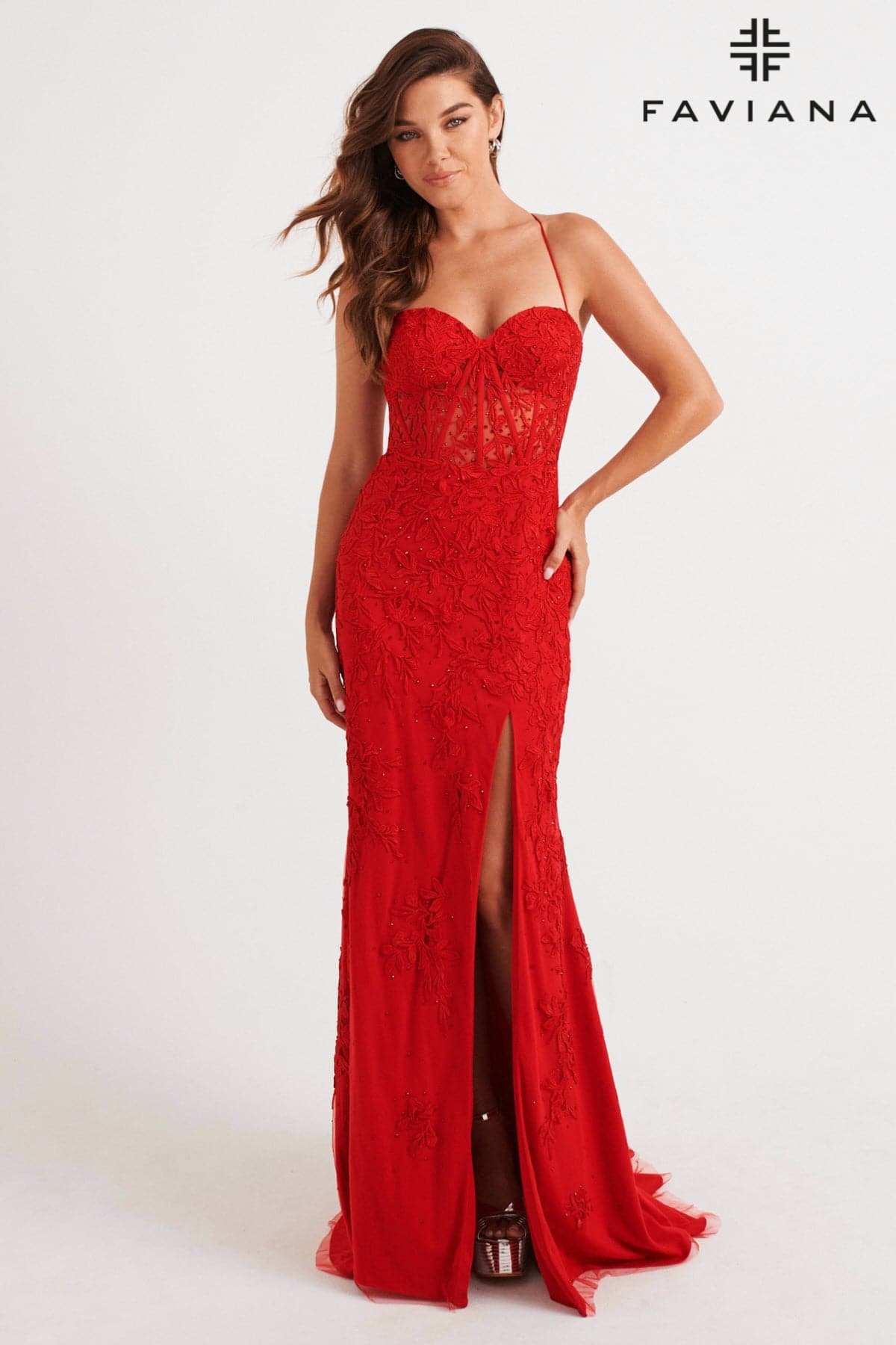 Faviana 11054 Long Formal Lace Applique Prom Dress