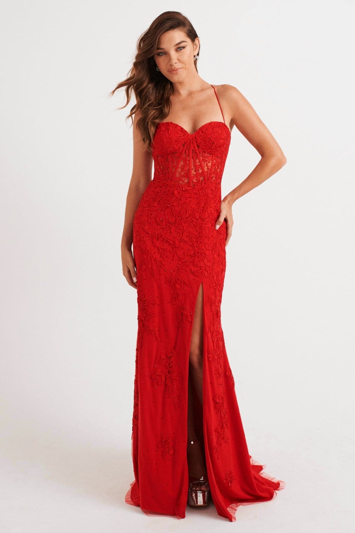 Prom Dresses Long Formal Lace Applique Prom Dress Red