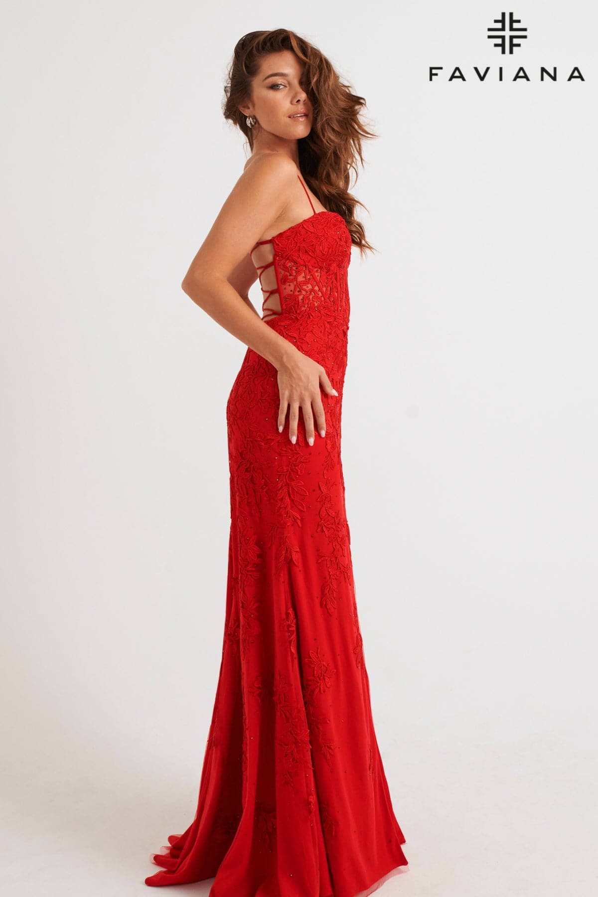 Faviana 11054 Long Formal Lace Applique Prom Dress