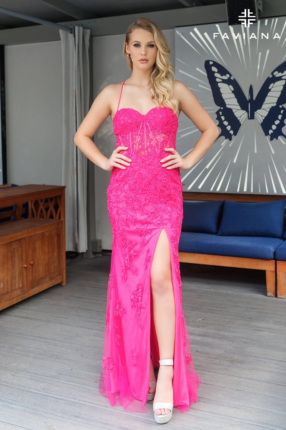 Faviana 11054 Long Formal Lace Applique Prom Dress