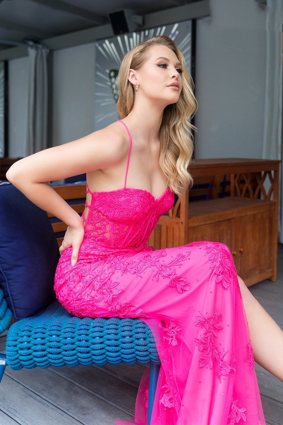 Prom Dresses Long Formal Lace Applique Prom Dress Hot Pink
