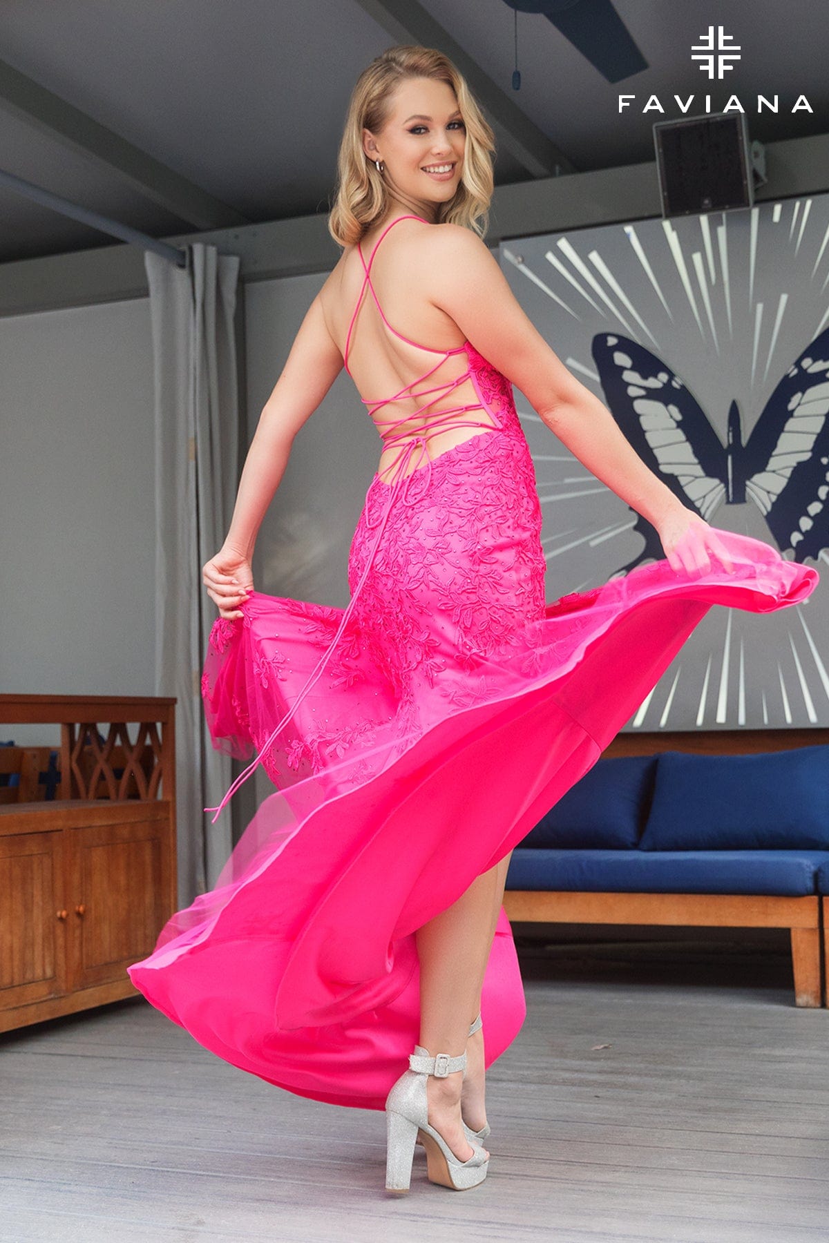 Faviana 11054 Long Formal Lace Applique Prom Dress