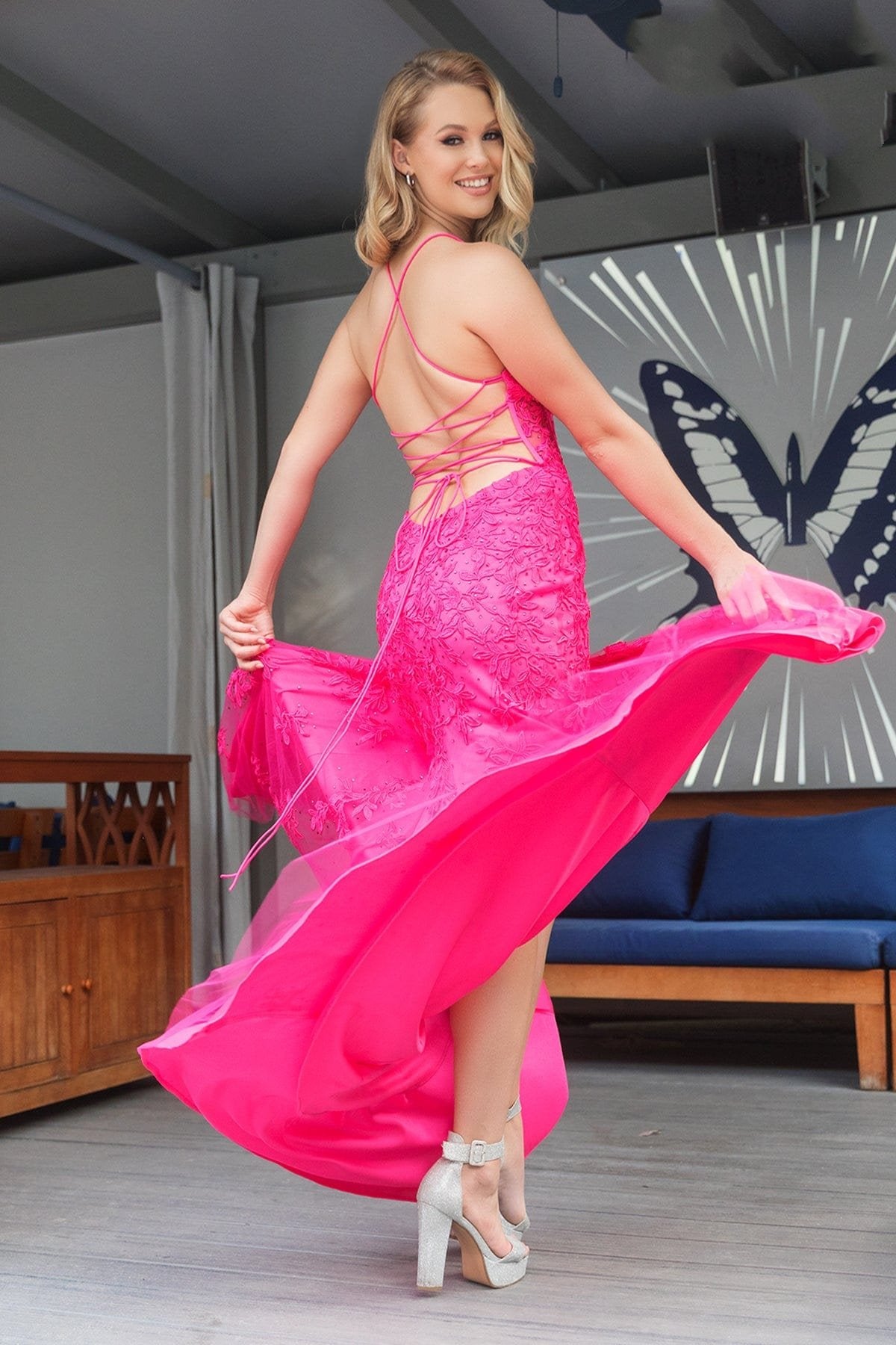 Prom Dresses Long Formal Lace Applique Prom Dress Hot Pink