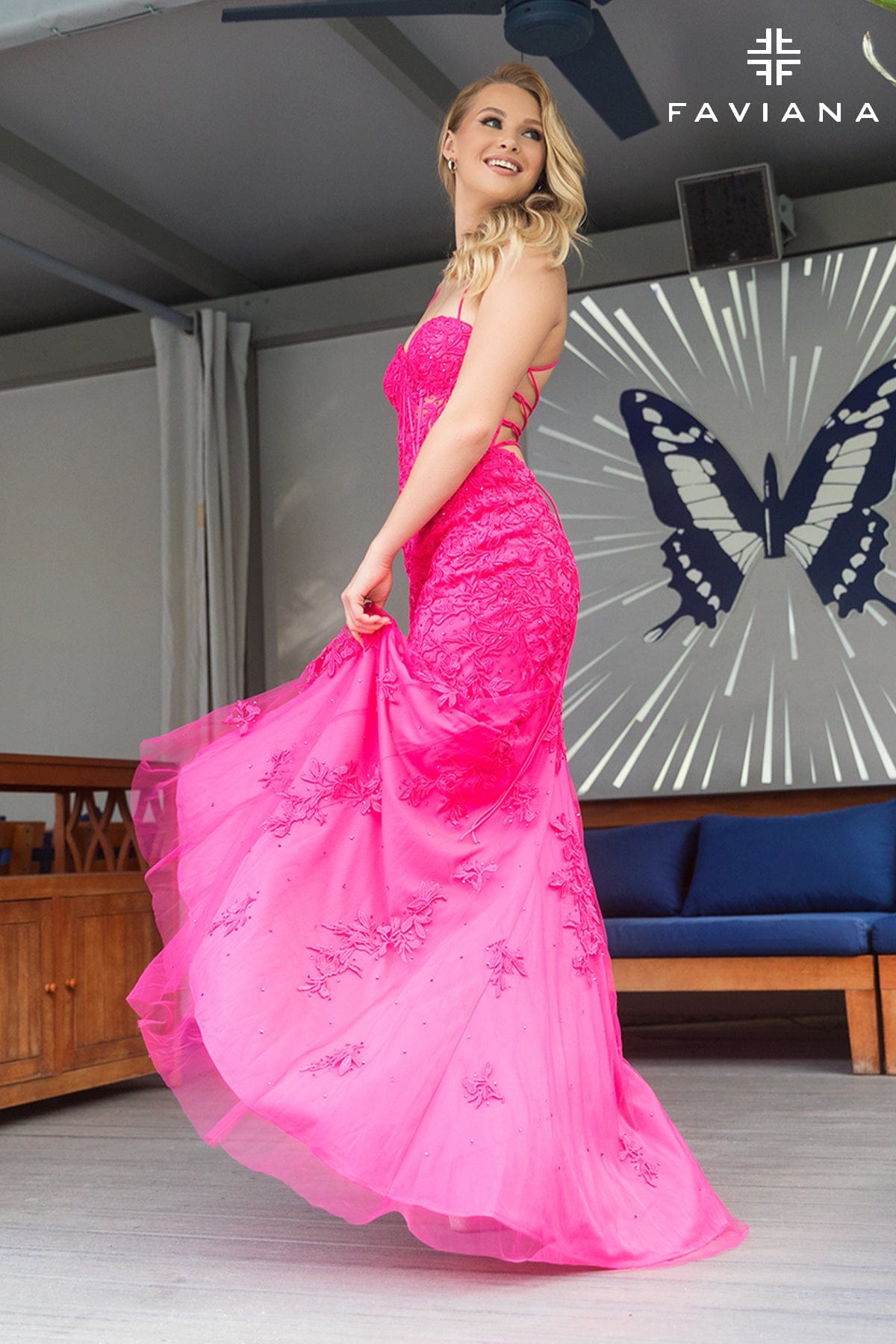 Faviana 11054 Long Formal Lace Applique Prom Dress