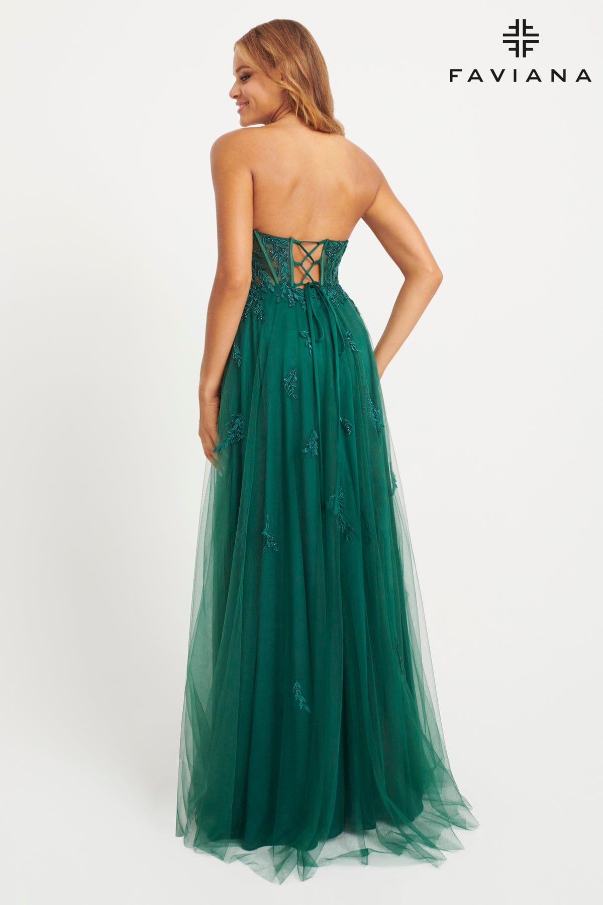Faviana 11057 A Line Beaded Long Formal Lace Prom Dress
