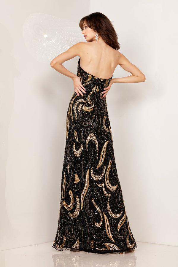 Aleta 1105 Sequin Long Formal Prom Fitted Dress Black/Gold