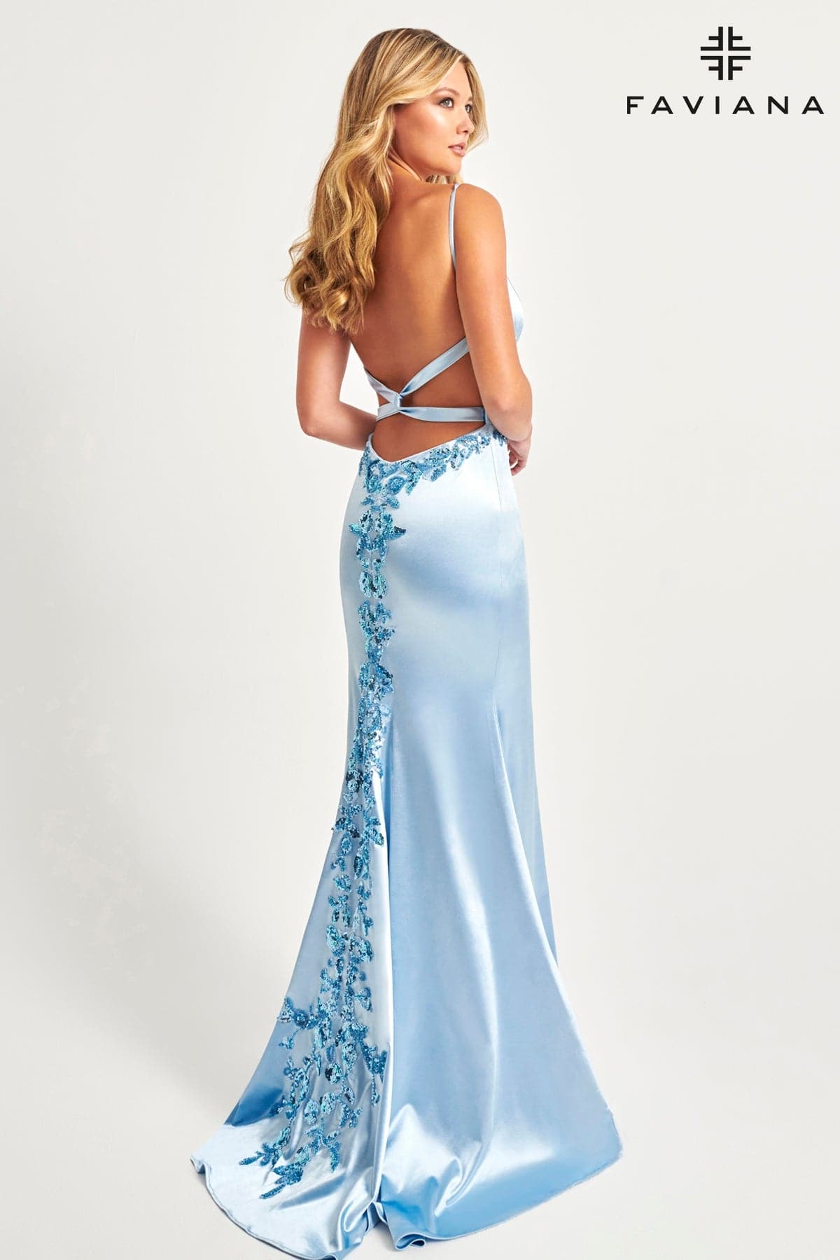 Faviana 11062 Fitted Long Formal Slit Beaded Applique Prom Dress