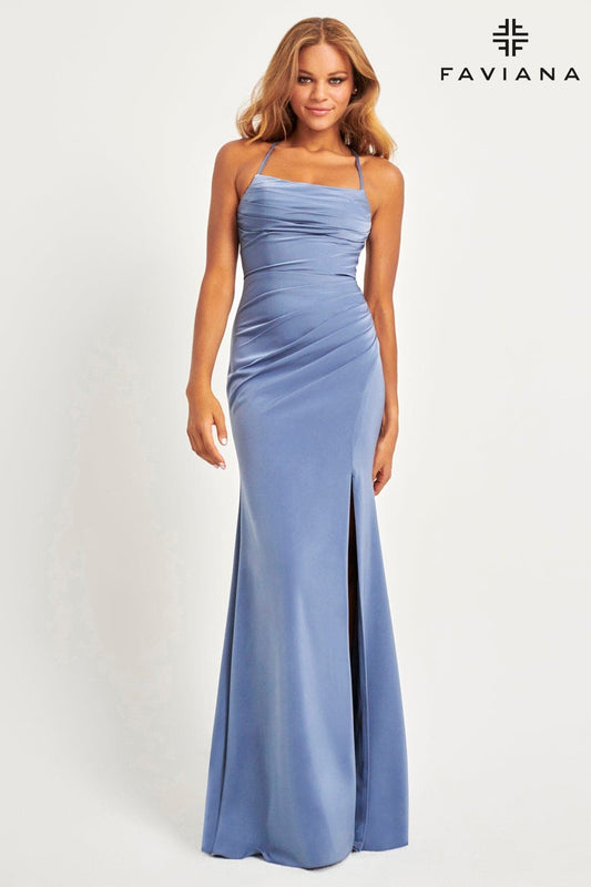 Prom Dresses Fitted Long Formal Prom Slit Pleated Dress Slate