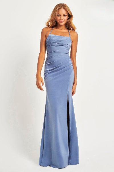 Prom Dresses Fitted Long Formal Prom Slit Pleated Dress Slate