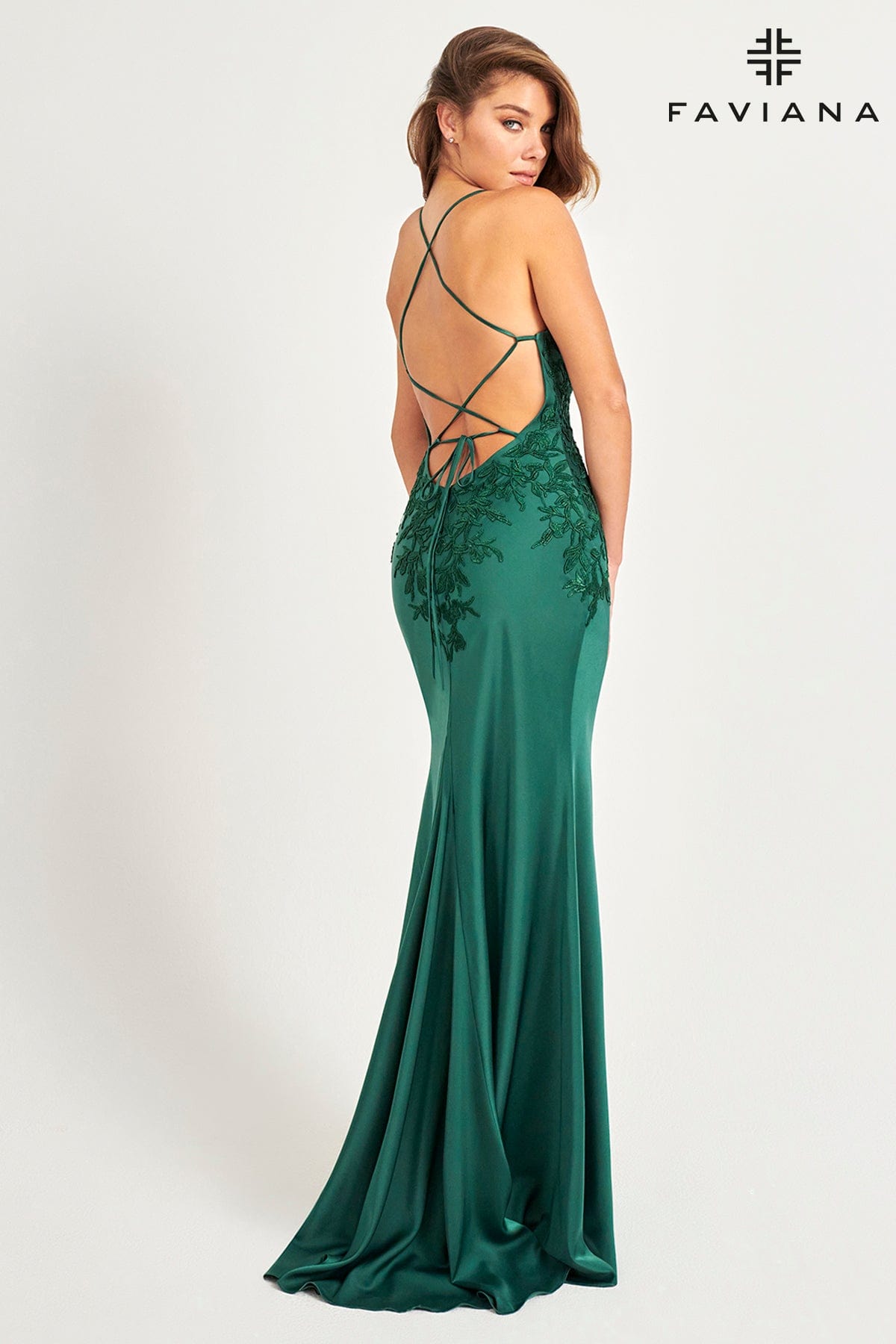 Faviana 11070 Long Lace Applique Formal Slit Prom Dress