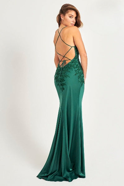 Prom Dresses Long Lace Applique Formal Slit Prom Dress Evergreen