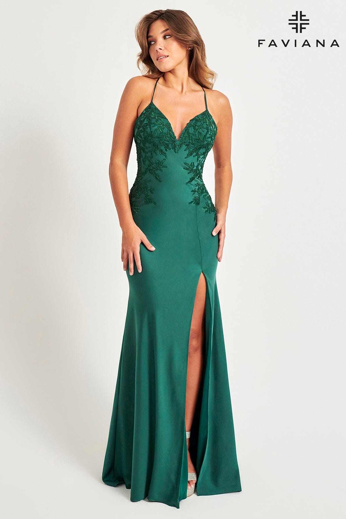 Faviana 11070 Long Lace Applique Formal Slit Prom Dress