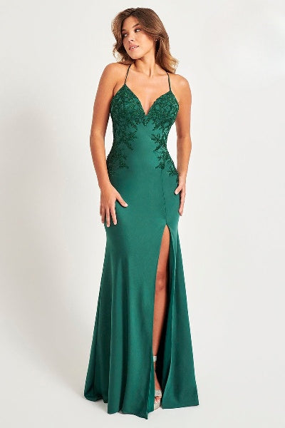 Prom Dresses Long Lace Applique Formal Slit Prom Dress Evergreen