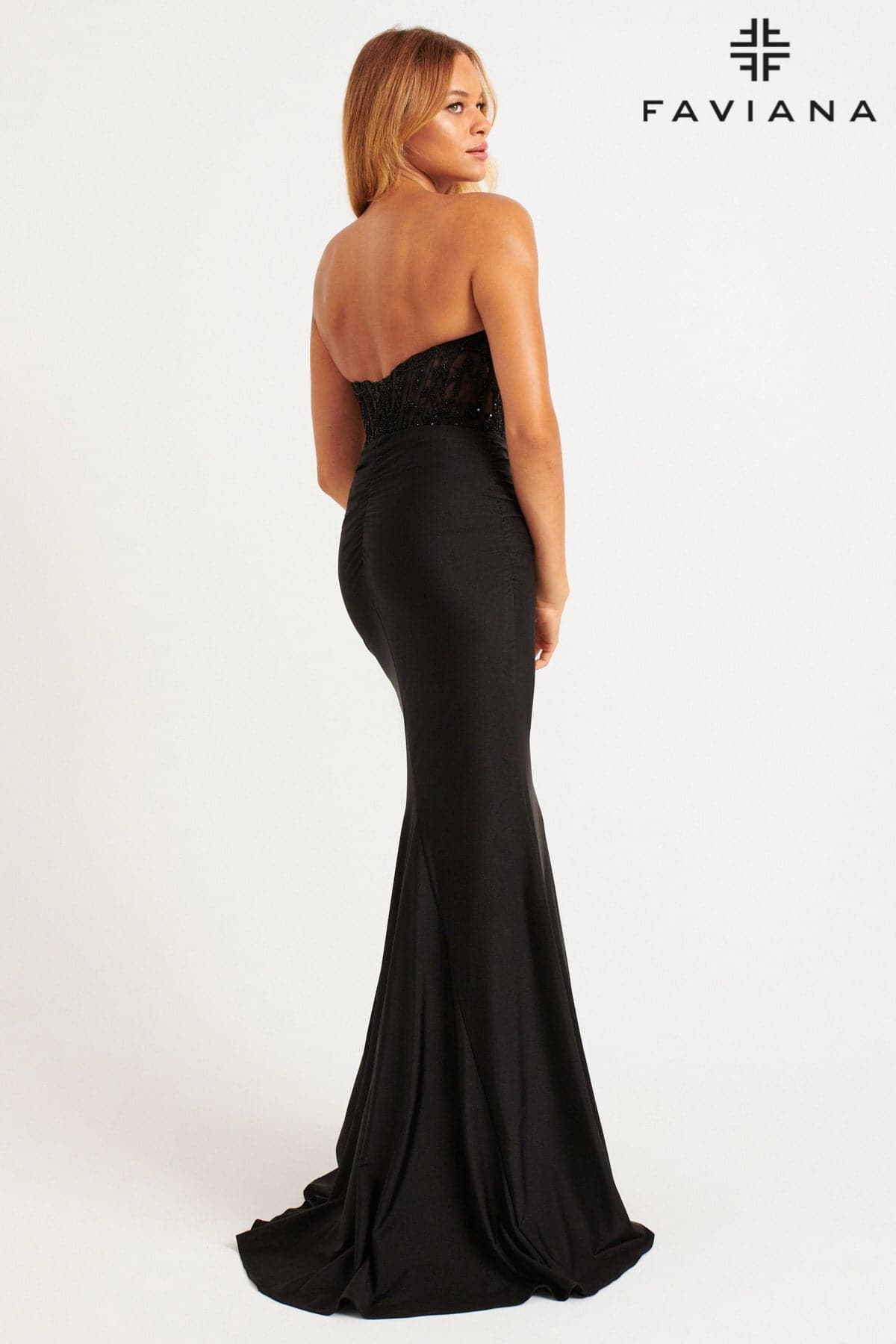 Faviana 11081 Long Beaded Ruched Formal Prom Dress