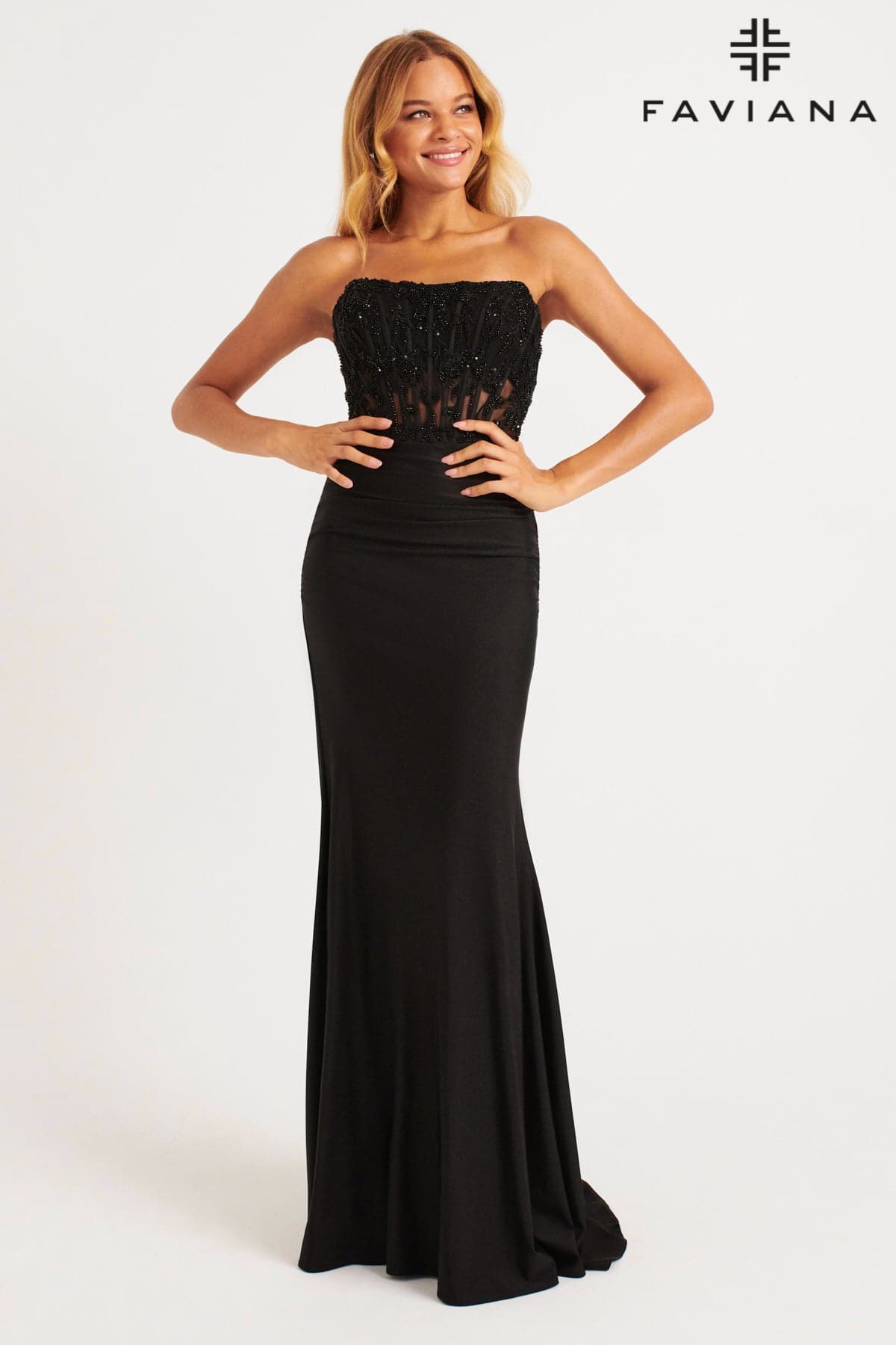 Faviana 11081 Long Beaded Ruched Formal Prom Dress