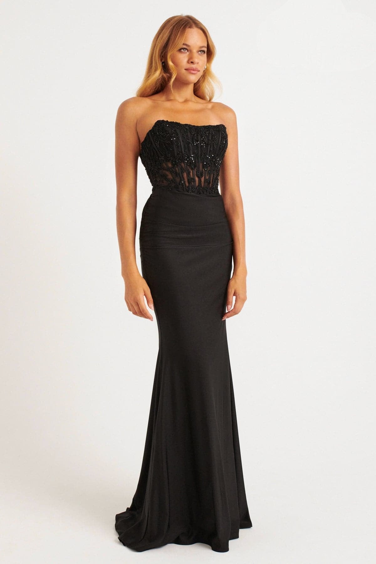 chinese dress ladies Black Satin Long Dress With Beaded Lace Appliqué main image 0