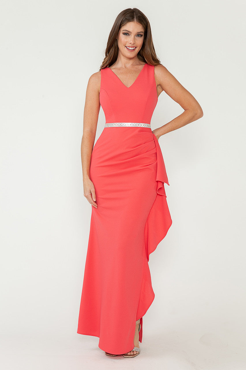 Prom Dresses Ruffle Formal Slit Long Prom Dress Lenovia 5287 Coral