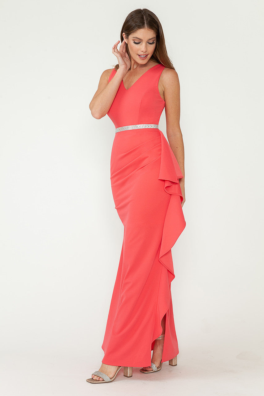 Prom Dresses Ruffle Formal Slit Long Prom Dress Lenovia 5287 Coral