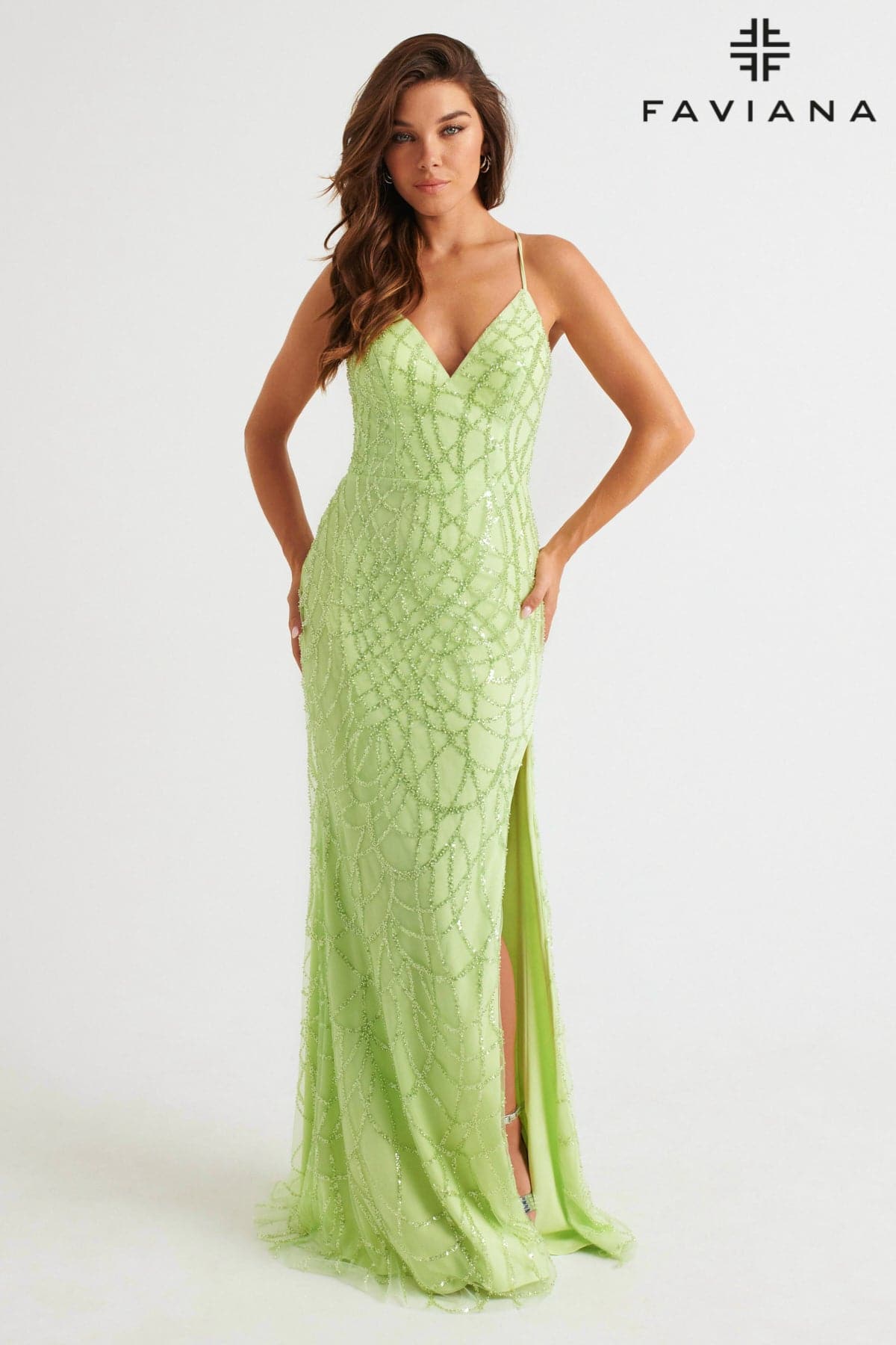 Faviana 11084 Long Prom Beaded Slit Formal Dress