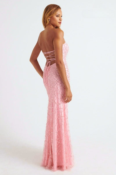 Prom Dresses Beaded Applique Long Formal Lace Prom Dress Light Pink