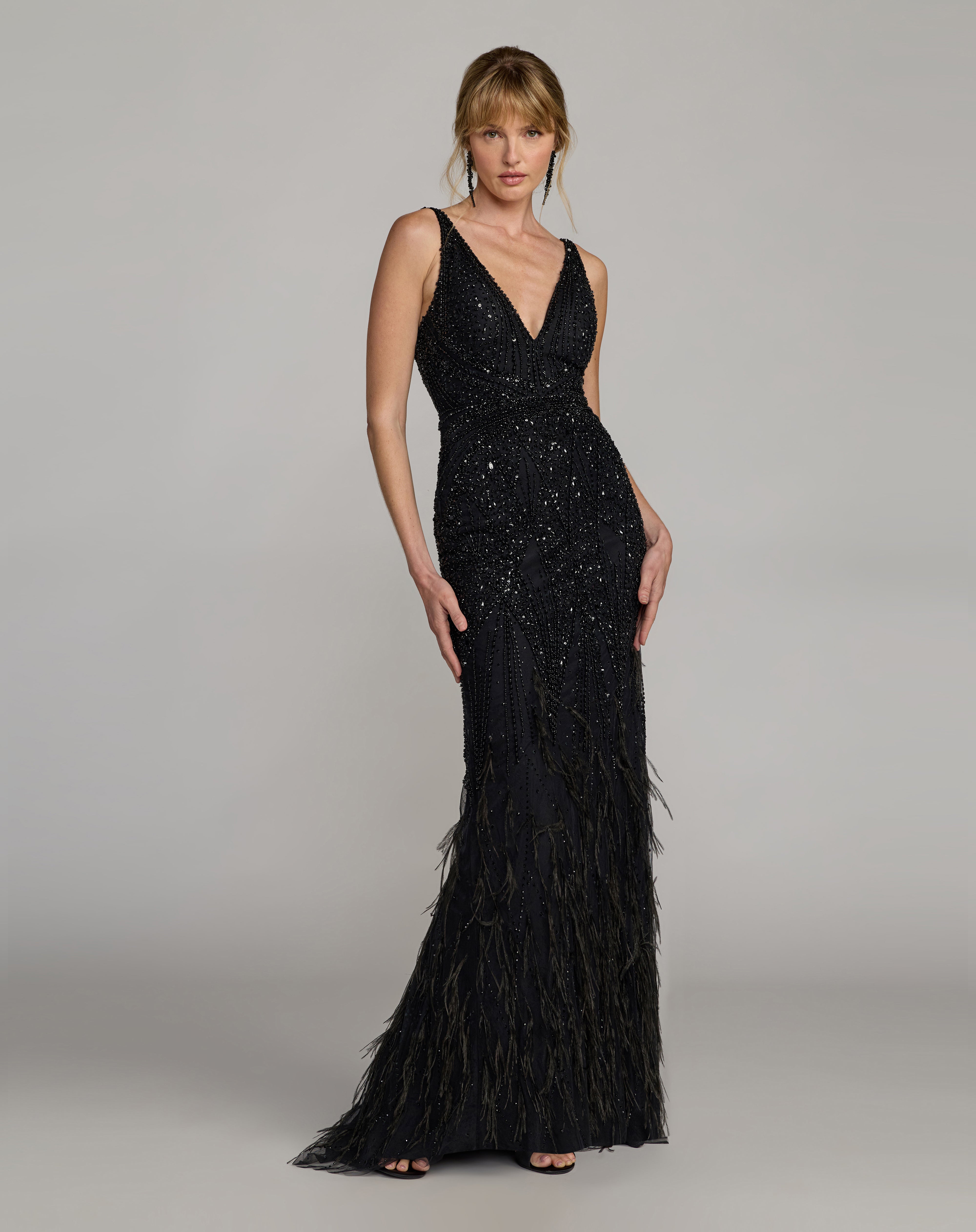 Prom Dresses Long Beaded Feather Formal Prom Dress Black
