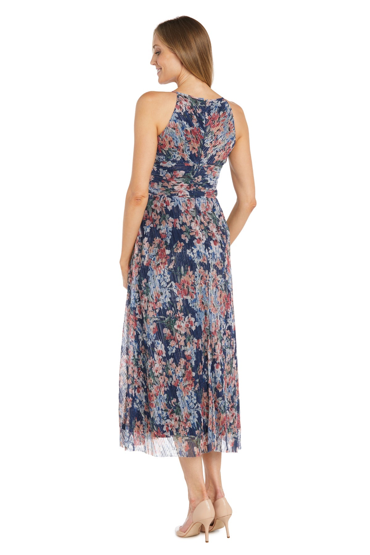 R&M Richards 1112 Floral Print Metallic Formal Tea Length Dress