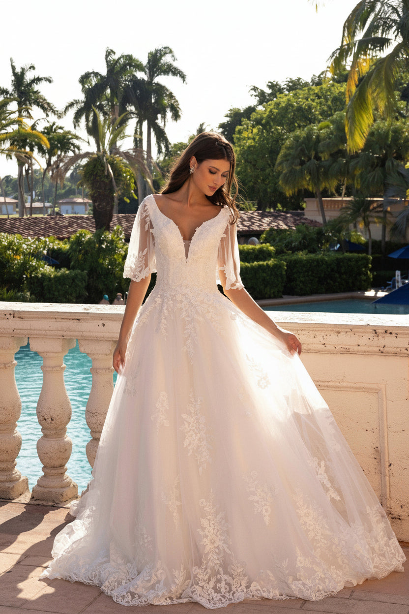 Wedding Dresses Long Bridal A Line Lace Applique Wedding Dress Ivory