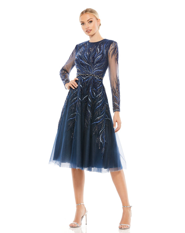 Long Sleeve Beaded Cocktail Tea Length Dress Long Sleeve Beaded Tea Length Mac Duggal 11136