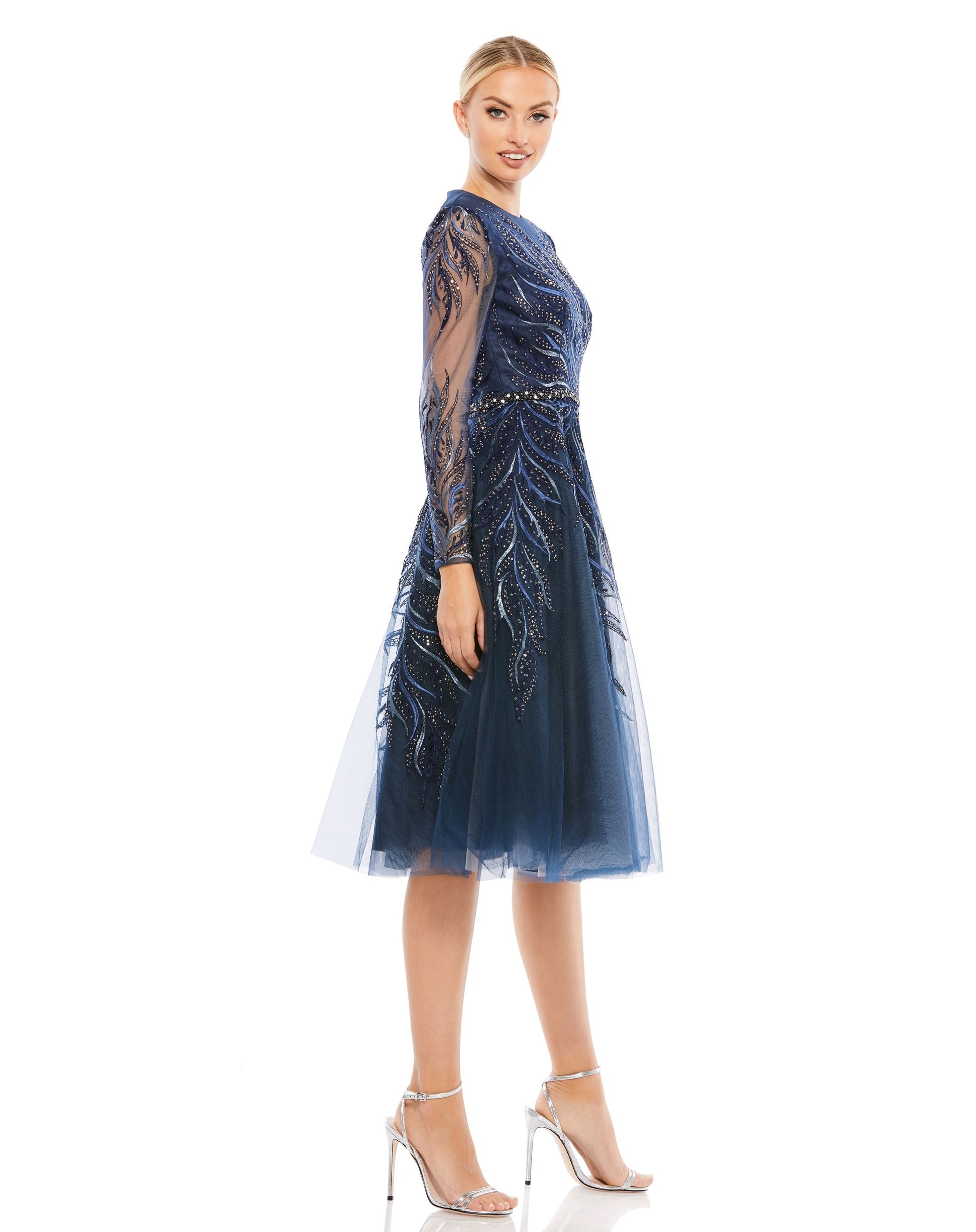 Mac Duggal 11136 Long Sleeve Beaded Cocktail Tea Length Dress