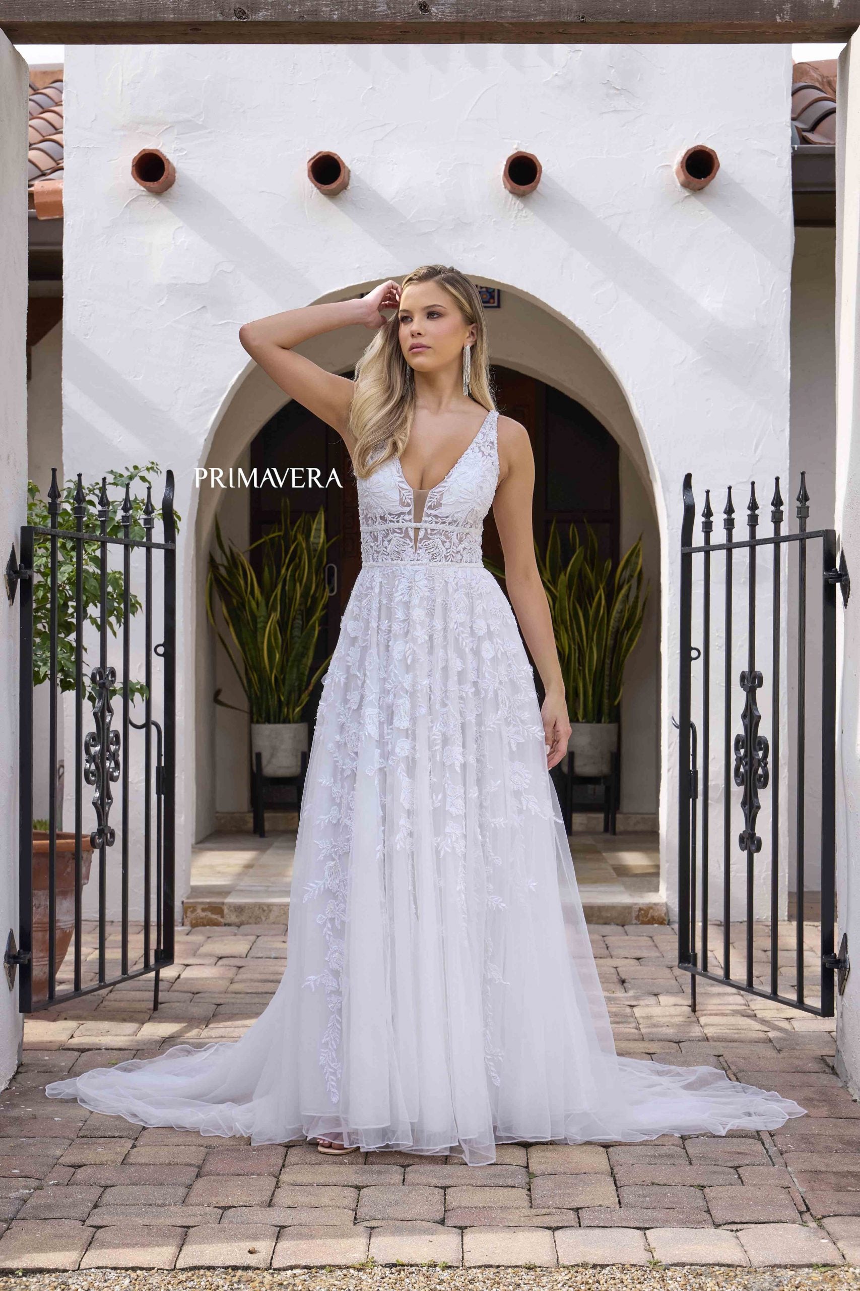 Wedding Dresses Lace A Line Beaded Long Bridal Wedding Dress Primavera Couture 11142 Ivory