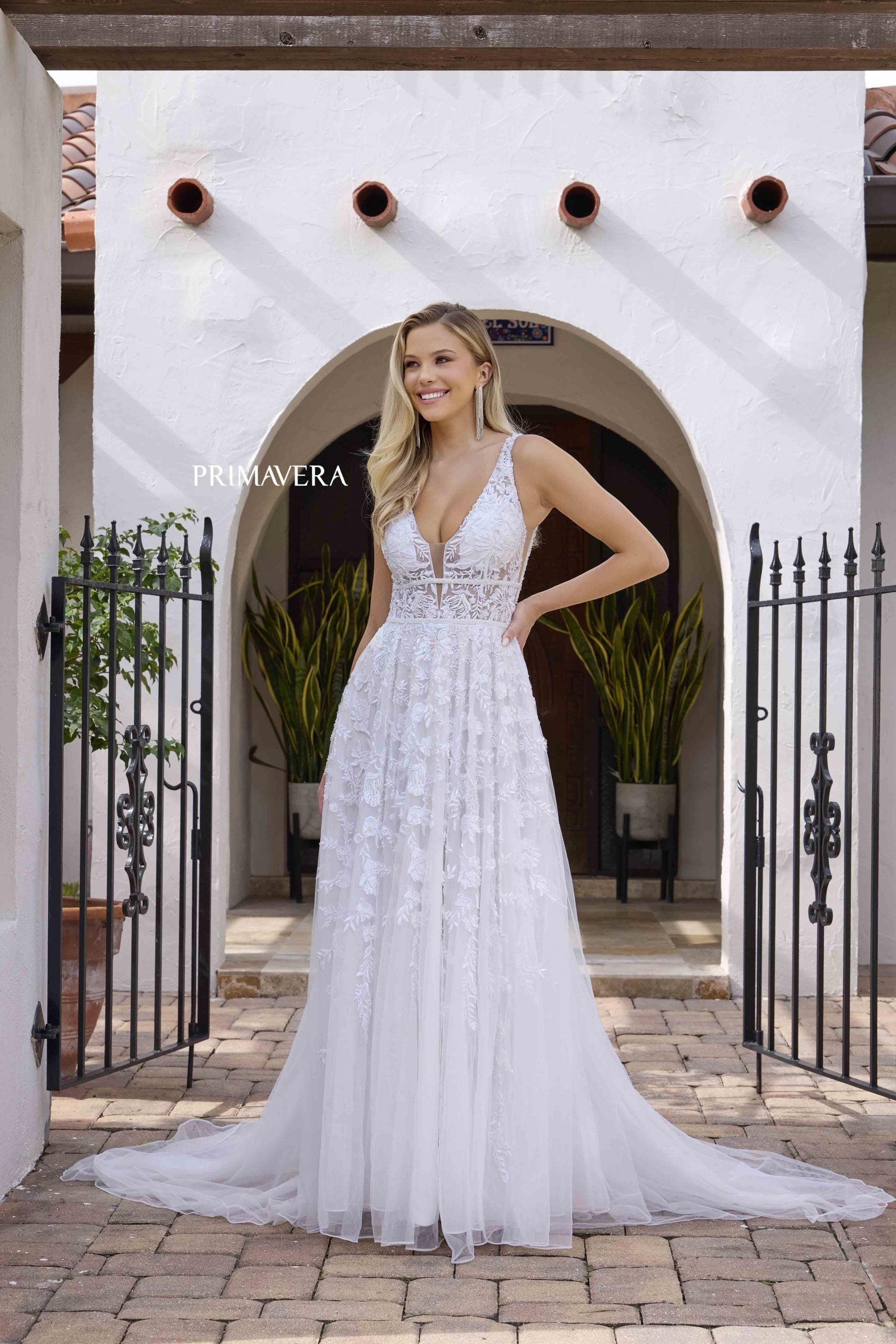 Wedding Dresses Lace A Line Beaded Long Bridal Wedding Dress Primavera Couture 11142 Ivory