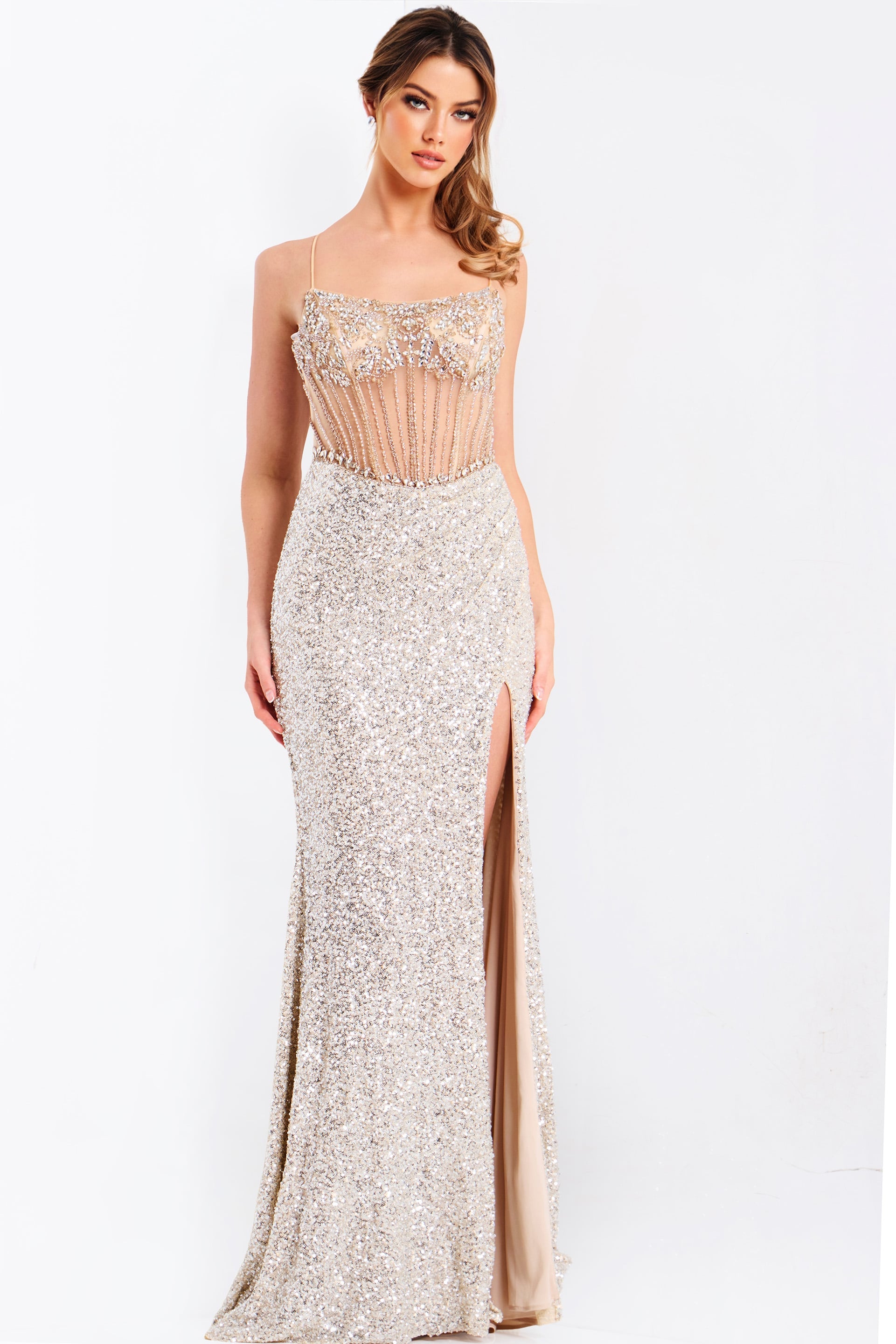 Champagne Sequin Illusion Sweetheart Floor-Length Sheath Prom Dress Jovani 49611