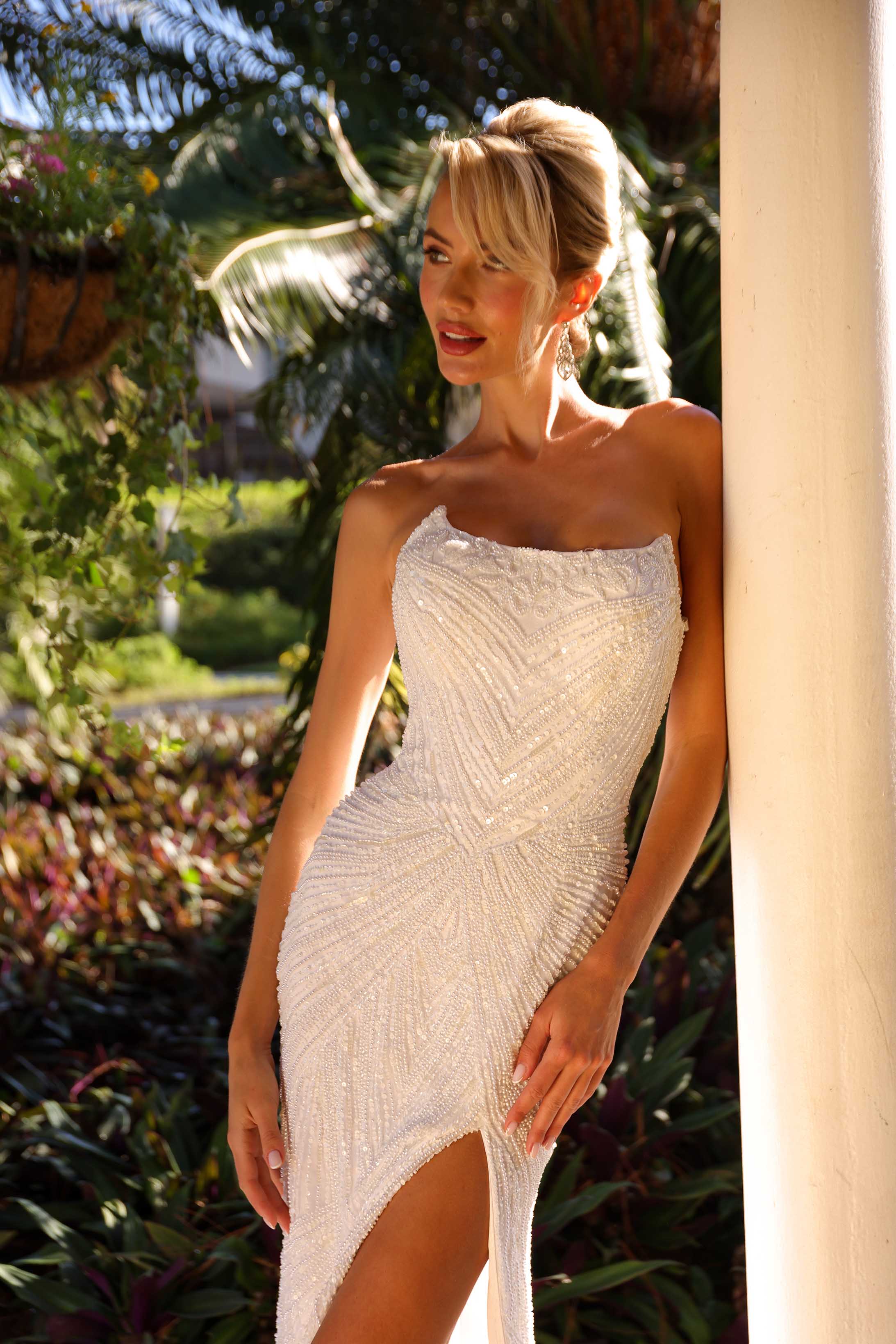 Wedding Dresses Long Beaded Slit Lace Bridal Wedding Dress Primavera Couture 11202 Ivory