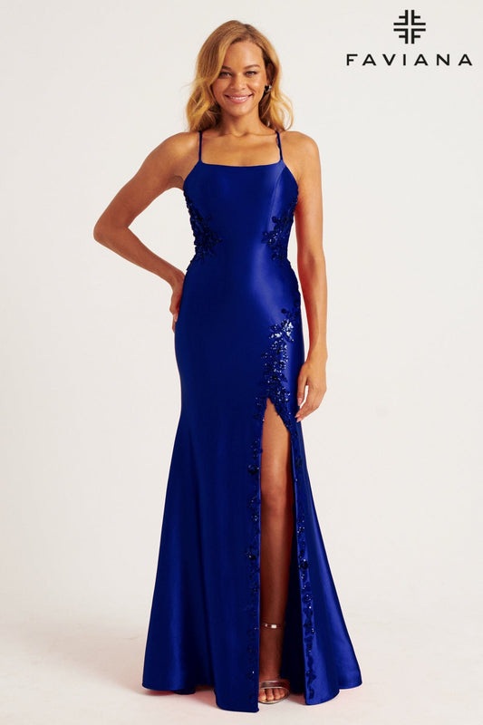 Prom Dresses Beaded Applique Long Slit Formal Prom Dress Navy