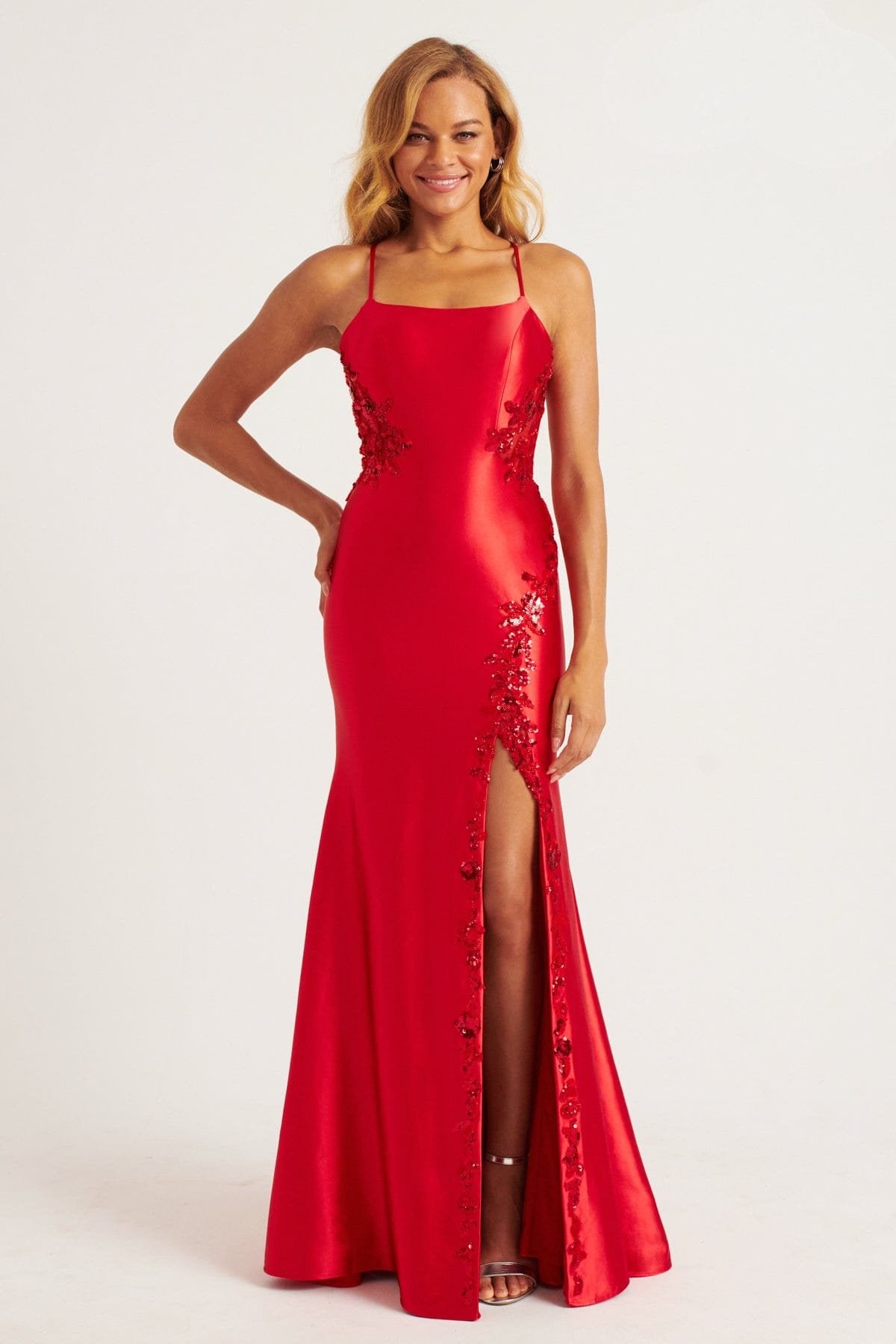Prom Dresses Beaded Applique Long Slit Formal Prom Dress Red