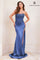 Prom Dresses Long Slit Formal Beaded Applique Prom Dress Steel Blue