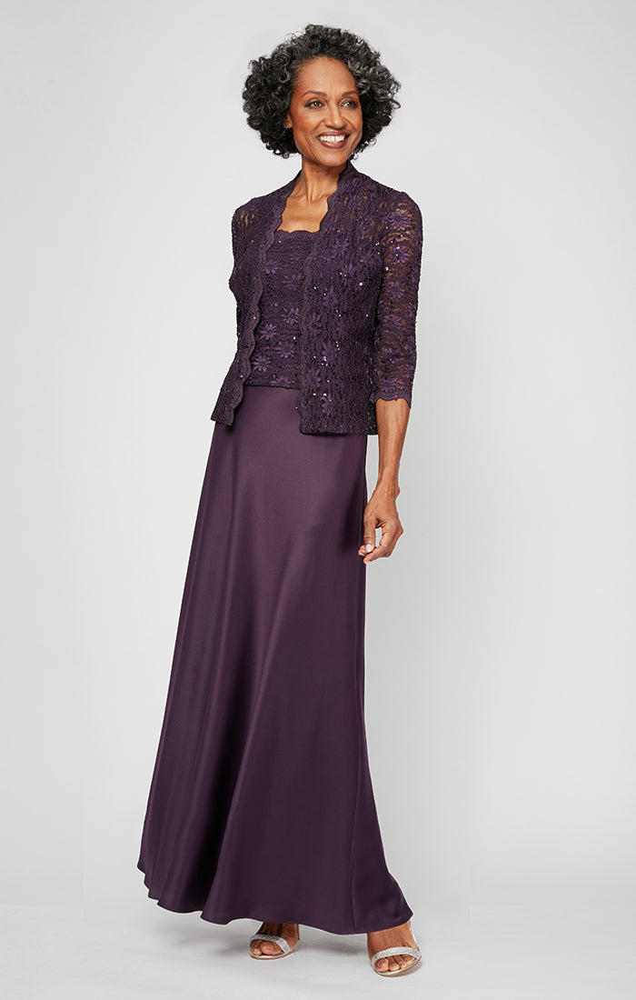 Mother of the Bride Dresses A Line Long Mother of the Bride Sequin Lace Jacket Dress Eggplant