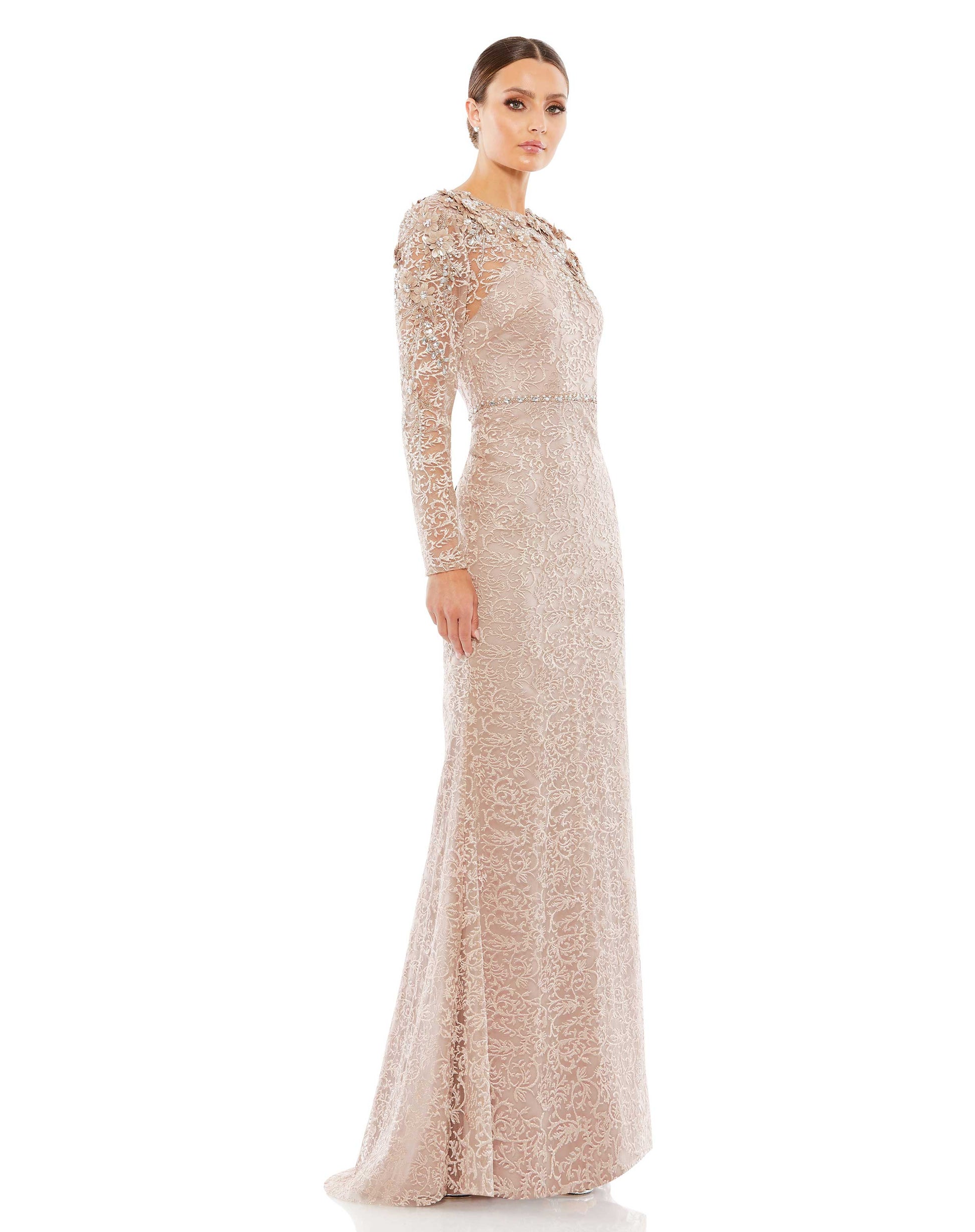 Mac Duggal 11217 Long Sleeve Floral Beaded Formal Prom Dress