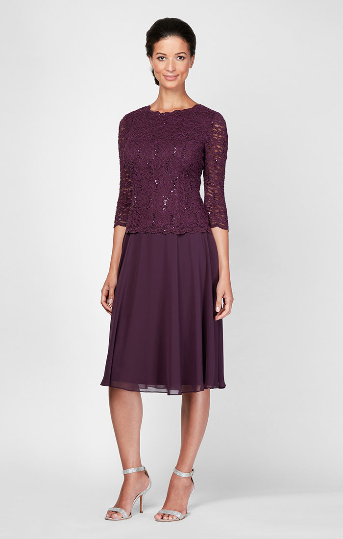 Alex Evenings 2121796 Short Mother of the Bride Petite Lace Tea Length Two Piece Dress