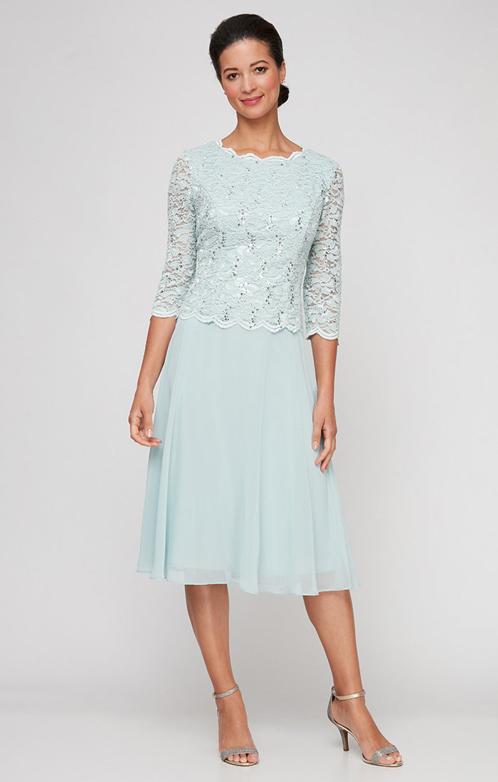 Alex Evenings 2121796 Short Mother of the Bride Petite Lace Tea Length Two Piece Dress