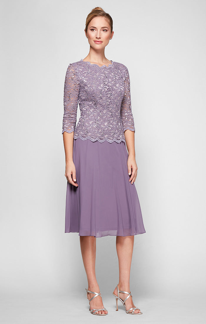 Alex Evenings 2121796 Short Mother of the Bride Petite Lace Tea Length Two Piece Dress