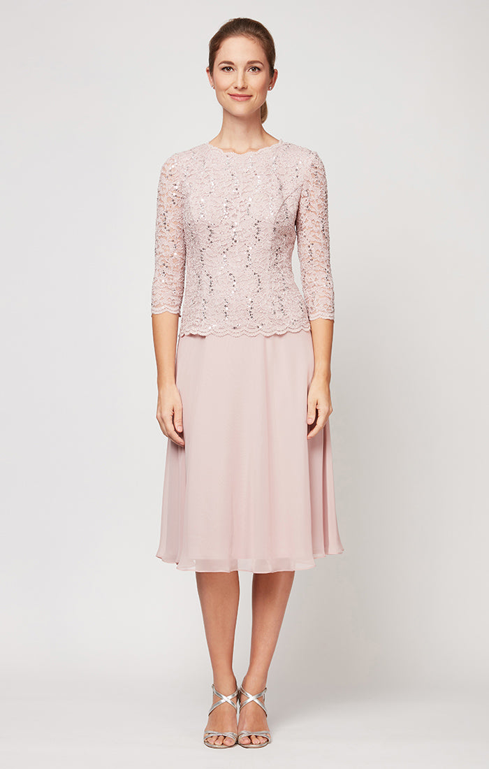 Alex Evenings 2121796 Short Mother of the Bride Petite Lace Tea Length Two Piece Dress
