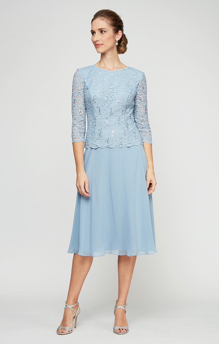 Alex Evenings 2121796 Short Mother of the Bride Petite Lace Tea Length Two Piece Dress