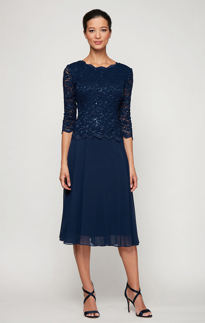 Alex Evenings 2121796 Short Mother of the Bride Petite Lace Tea Length Two Piece Dress