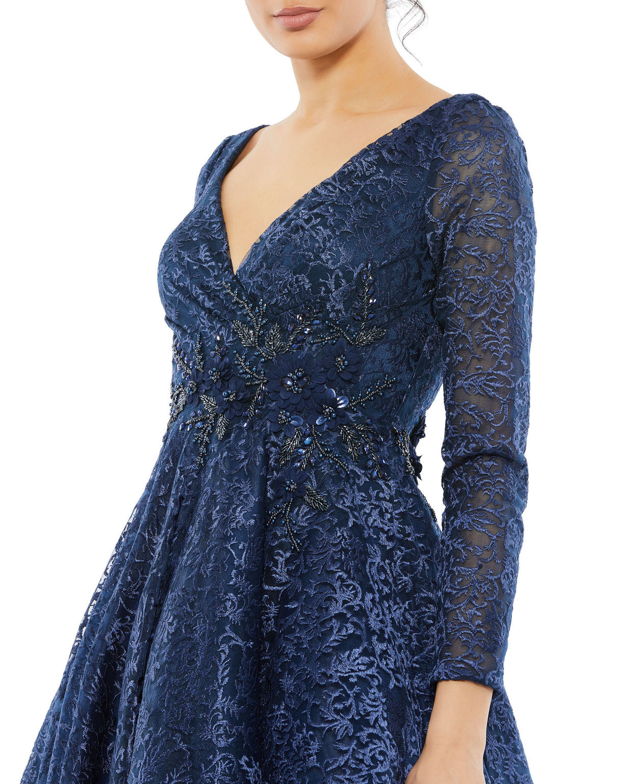 Mac Duggal 112181 Long Sleeve A Line Cocktail Tea Length Dress