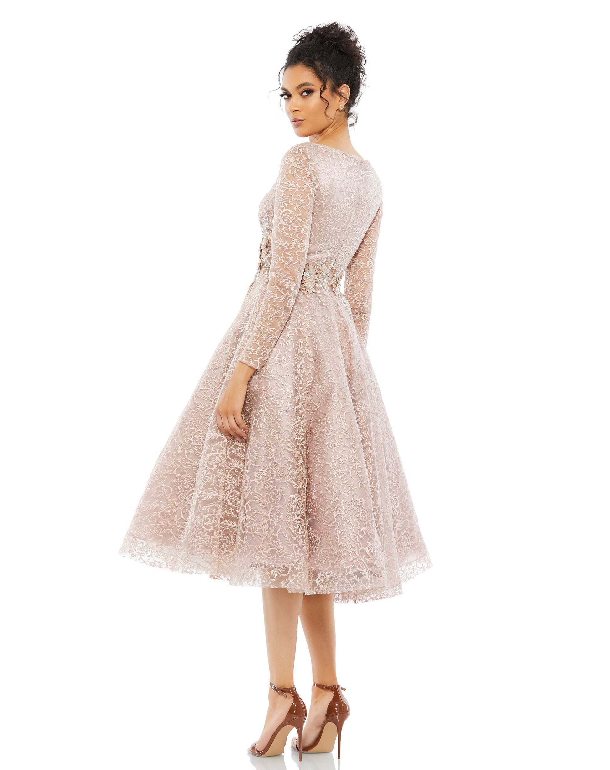 Mac Duggal 112181 Long Sleeve A Line Cocktail Tea Length Dress